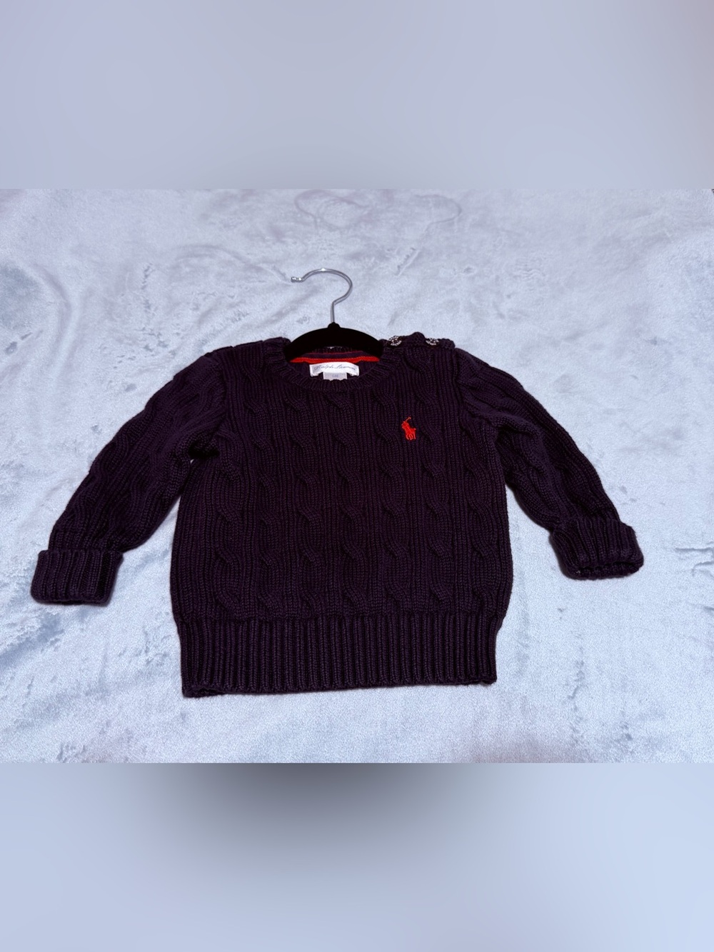Ralph Lauren Black Cable Knit Crewneck Sweater with Red Polo Pony for baby boy